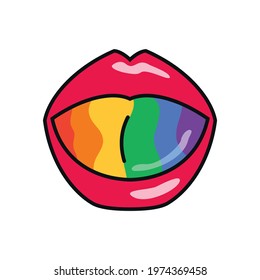lgbt flag in woman tongue, mouth open, isolated vector icon, gay community symbol