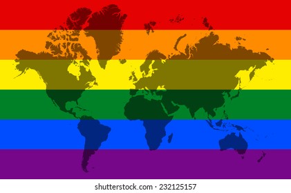 LGBT flag with world map, vector