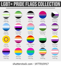 LGBT flags big collection. Pride circle icons set. Sexual orientation list. Isolated background. Vector illustration