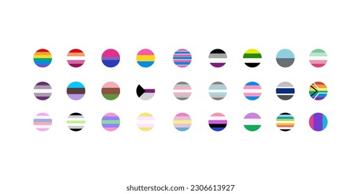 LGBT flags big set in flat style. Pride symbols. Rainbow elements. Vector illustration isolated on white background.