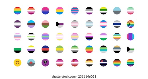 LGBT flags big set in flat style. Pride symbols. Rainbow elements. Vector illustration isolated on white background.