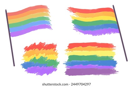 LGBT flags and rainbow brush strokes. Vector watercolor spectrum. Hand strokes isolated on white background