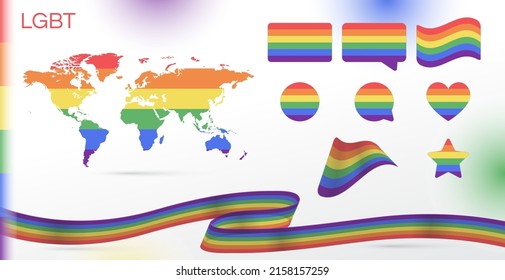 LGBT flags set. Various designs. World Map. Pride Month in June. Lesbian Gay Bisexual Transgender. Celebrated annual. Sexual identity. LGBT symbols. Waving flag and Ribbon