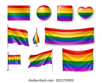 LGBT flags and signs in rainbow colors set. Freedom symbols, pride flag, glossy buttons of various shapes. Love and support realistic vector illustration on isolated on white background