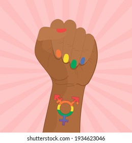LGBT. Ilustración plana del icono vector LGBT para la web. Símbolo transgénero arcoiris. Mano negra con colores de uñas lgbt y tatuaje