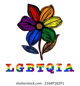 LGBT flower with Rainbow colors. Pride Month symbol. Queer LGBTQIA BIPOC, Trans, Gay, Lesbian, Bisexual, Asexual, Intersex. Vector illustration. 