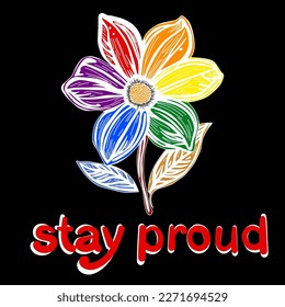 LGBT flower with Rainbow colors. Pride Month symbol. Queer LGBTQIA BIPOC, Trans, Gay, Lesbian, Bisexual, Asexual, Intersex. Vector illustration. 