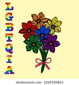 LGBT flowers with Rainbow colors. Pride Month symbol. Queer LGBTQIA BIPOC, Trans, Gay, Lesbian, Bisexual, Asexual, Intersex. Vector illustration. 