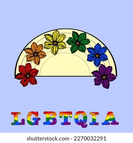 LGBT flowers with Rainbow colors. Pride Month symbol. Queer LGBTQIA BIPOC, Trans, Gay, Lesbian, Bisexual, Asexual, Intersex. Vector illustration. 