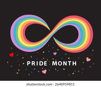 LGBT Flowing Rainbow Flag Shape Eight 8 Number Infinity Symbol On Black Background. Celebrates LGBT pride month. Illustration, Poster, Vector , Background or wallpaper.   