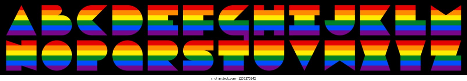 LGBT font consists of letters painted in the six colors of the rainbow flag. ABC alphabet created for popularize the LGBT community in social media. Graphic element saved as vector illustration in EPS