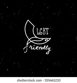 LGBT friendly bird  logo. White on black grunge background.