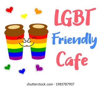 LGBT friendly cafe. Rainbow drink. Concept for Pride Month. Colorful cartoon vector illustration.