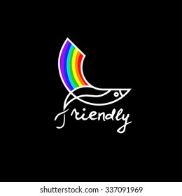 LGBT friendly logo bird with rainbow tail on black background.