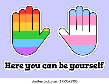 LGBT+ Friendly Sticker Pack. Rainbow Gay And Transgender Flags. Three Colorful Signs For Pride Month. Open Palms Icons With White Outline. Positive Space. Safe Zone. Simple Vector Illustration