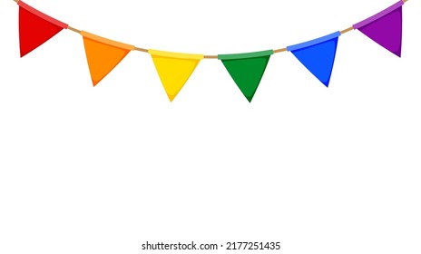 LGBT garland. Rainbow color pennants chain. Party bunting decoration. Triangle celebration flags for pride decor. Footer and banner background