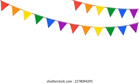 LGBT garland. Rainbow color pennants chain. Party bunting decoration. Triangle celebration flags for pride decor. Vector 