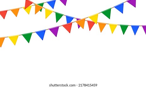 Tierra de cultivo LGBT. Cadena de colgantes arcoiris. Decoración de fiesta. Banderas de celebración triangular para decoración de orgullo. Vector 