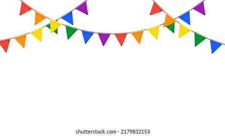 Tierra de cultivo LGBT. Cadena de colgantes arcoiris. Decoración de fiesta. Banderas de celebración triangular para decoración de orgullo. Vector 