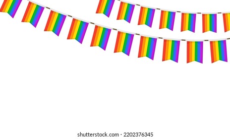 Tierra de cultivo LGBT. Cadena de colgantes arcoiris. Decoración de fiesta. Banderas de celebración por decoración de orgullo. Fondo del pie y del banner