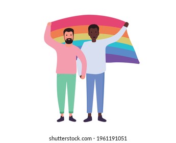 LGBT gay couple people vector illustration. Cartoon flat happy interracial LGBTQ community, homosexual lover characters standing together and holding hands, holding rainbow love flag isolated on white