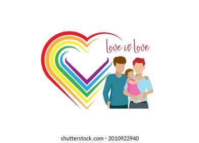 LGBT gay family holding adopted baby with love and LGBT rainbow color in heart shape. LGBTQ family, transgender parent, adopted child and pride month concept.