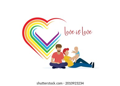 LGBT gay family holding adopted baby with love and LGBT rainbow color in heart shape. LGBTQ family, transgender parent, adopted child and pride month concept.