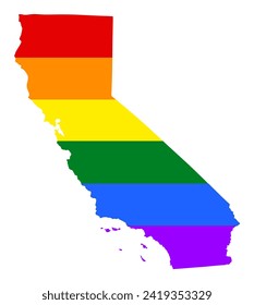 LGBT gay flag California vector map silhouette illustration isolated on white background. United state of America country. Rainbow flag lesbian and bisexual rights in USA state California.