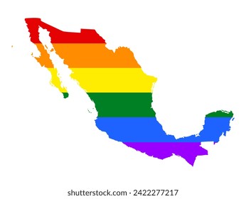 LGBT gay flag over Mexico map vector silhouette illustration isolated on white background. Homosexual and lesbian pride symbol. Mexico pride flag.