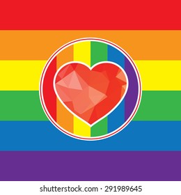 LGBT Gay love concept - Red heart icon on rainbow flag background . Vector Background