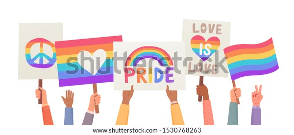 Lgbtとゲイのパレード 抗議 ポスターを持つ手 Lgbtの旗と標識を持つ手の集まり ベクターイラスト のベクター画像素材 ロイヤリティフリー