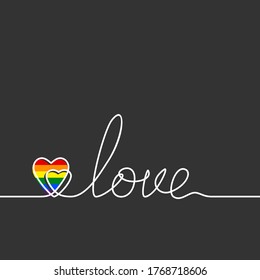  LGBT gay pride flag color heart in continuous line drawing LOVE word, Vector illustration white line on dark grey background