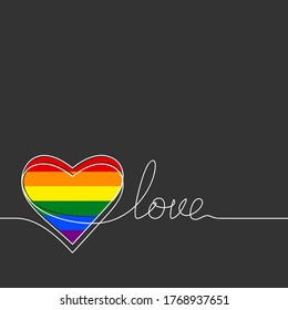  LGBT gay pride flag color heart in continuous line drawing LOVE word, Vector illustration white line on dark grey background