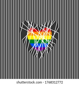 LGBT gay pride heart behind tangled white lines on dark grey background, Vector illustration