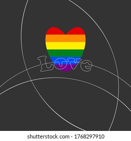 LGBT gay pride heart with continuous line drawing of LOVE text with white lines on dark grey background, Vector illustration