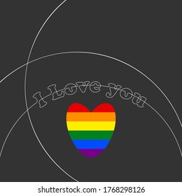 LGBT gay pride heart with continuous line drawing of LOVE text with white lines on dark grey background, Vector illustration