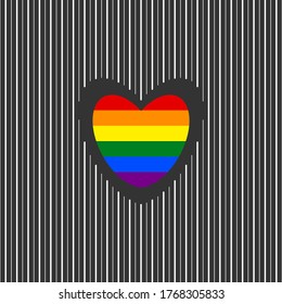 LGBT gay pride heart in the middle of heart shape cut in white lines on dark grey background, Vector illustration