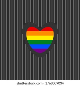 LGBT gay pride heart in the middle of heart shape cut in white lines on dark grey background, Vector illustration