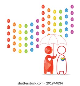 LGBT Gay pride love concept - Rainbow rain and male couple with umbrella in his hand
