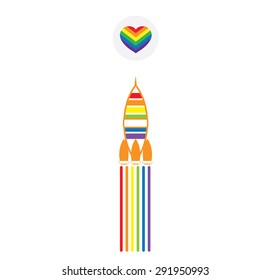 LGBT Gay pride love concept - Rainbow heart icon and rainbow rocket couple on white background