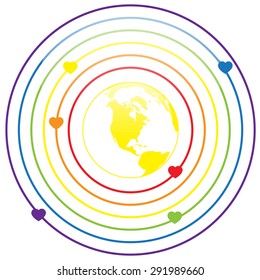 LGBT Gay pride love concept - Circle rainbow lines with colorful heart around earth on white background