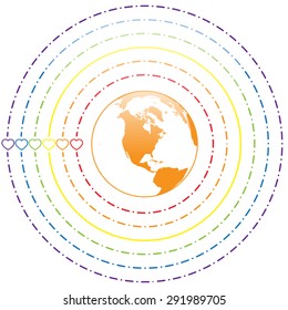 LGBT Gay pride love concept - Circle rainbow lines and dots with colorful heart around earth on white background
