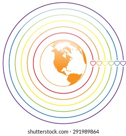 LGBT Gay pride love concept - Circle rainbow lines with colorful heart around earth on white background