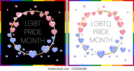 LGBT gay pride month poster with rainbow flag. White and black square vector with golden frame and pink and blue hearts.