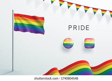 LGBT Gay Pride Rainbow Flag 3d Elements Waving Flagpole