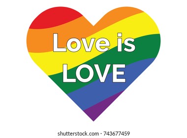 LGBT gay rainbow symbols heart with text Love is Love. Homosexual pride banner illustration.