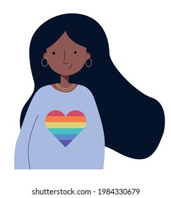 LGBT girl. Womaen in LGBTQ+ sweetshirt. Flat illustration. Pride month