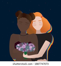 LGBT girls are hugging against the sky with flowers and a rainbow flag. African girl and white girl with orange hair.