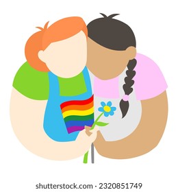 LGBT Girls in love holding rainbow flag and flower - simple vector illustration. LGBT pride Gay and Lesbian concept