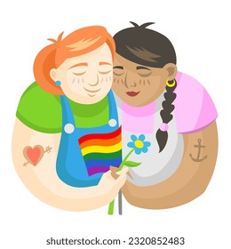 LGBT Girls in love holding rainbow flag and flower - vector illustration. LGBT pride Gay and Lesbian concept